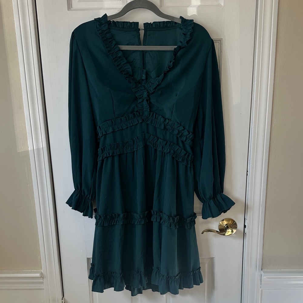 Elegant Long Sleeve Teal Dress with Ruffle Details